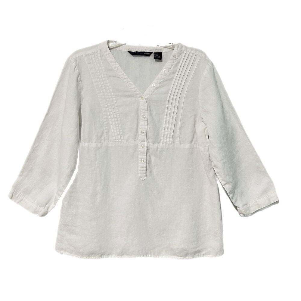 Saint Tropez West Pintuck White Embroidered Top Large 100% Linen Fairy Whimsical